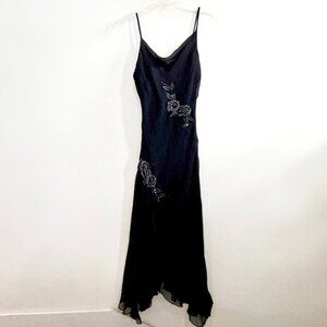 White House Black Market Black Silk Dress with Beaded Embroidered Flowers Size 6